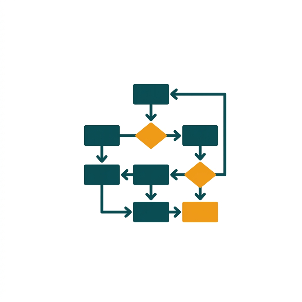 a flowchart with interconnected shapes like diamonds and rectangles, showing a business process