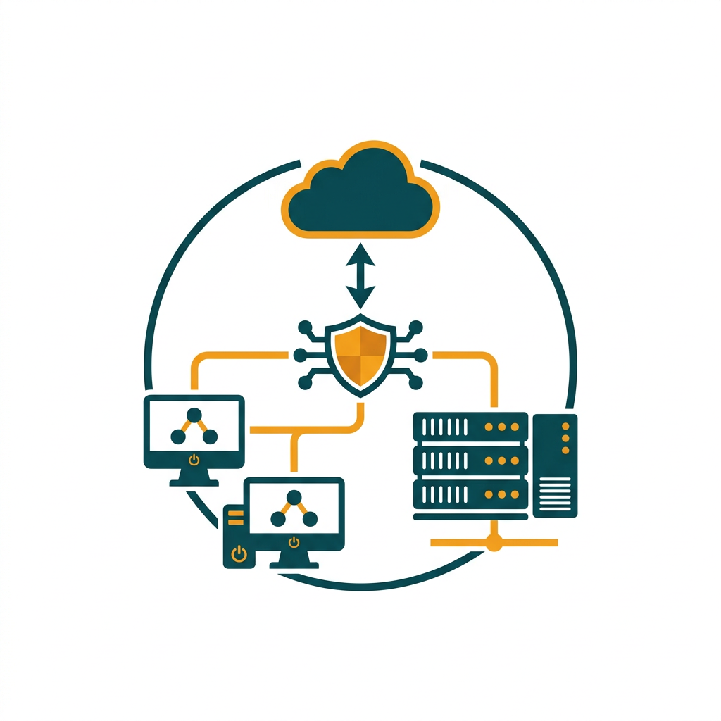 a detailed IT network diagram showing servers, cloud icons, and workstations