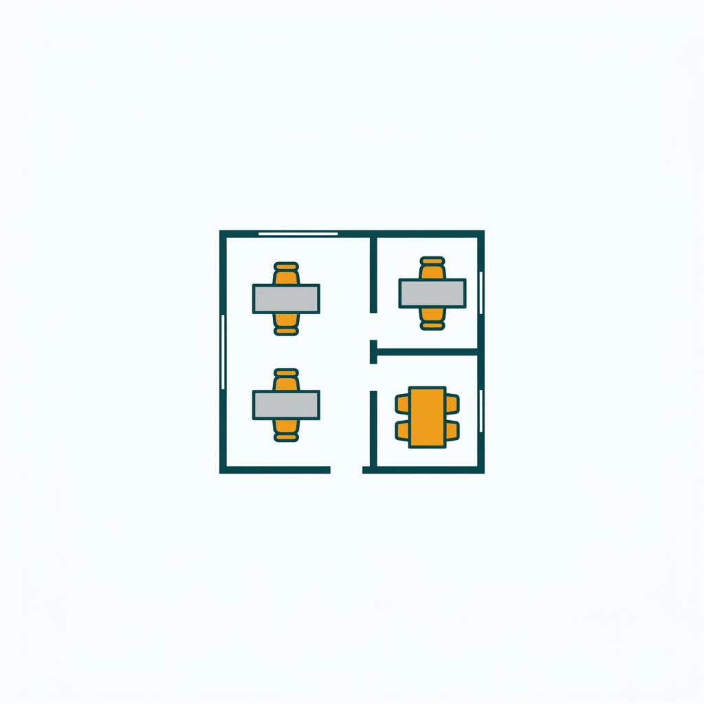 a simple floor plan of an office layout with desks, chairs, and walls