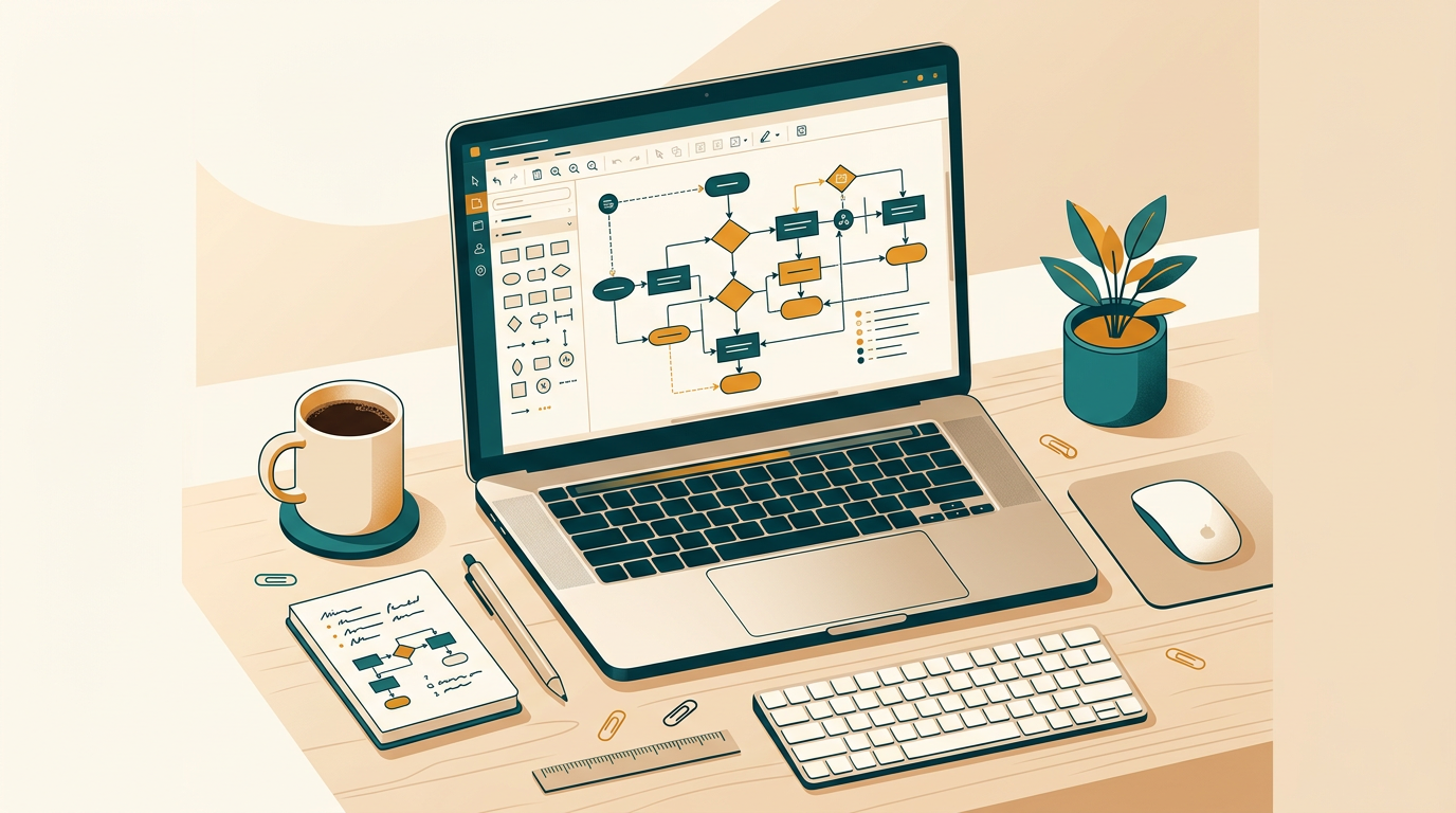 a clean, modern workspace with a laptop displaying a complex flowchart created in a diagramming software, surrounded by notes and a coffee cup, top-down view