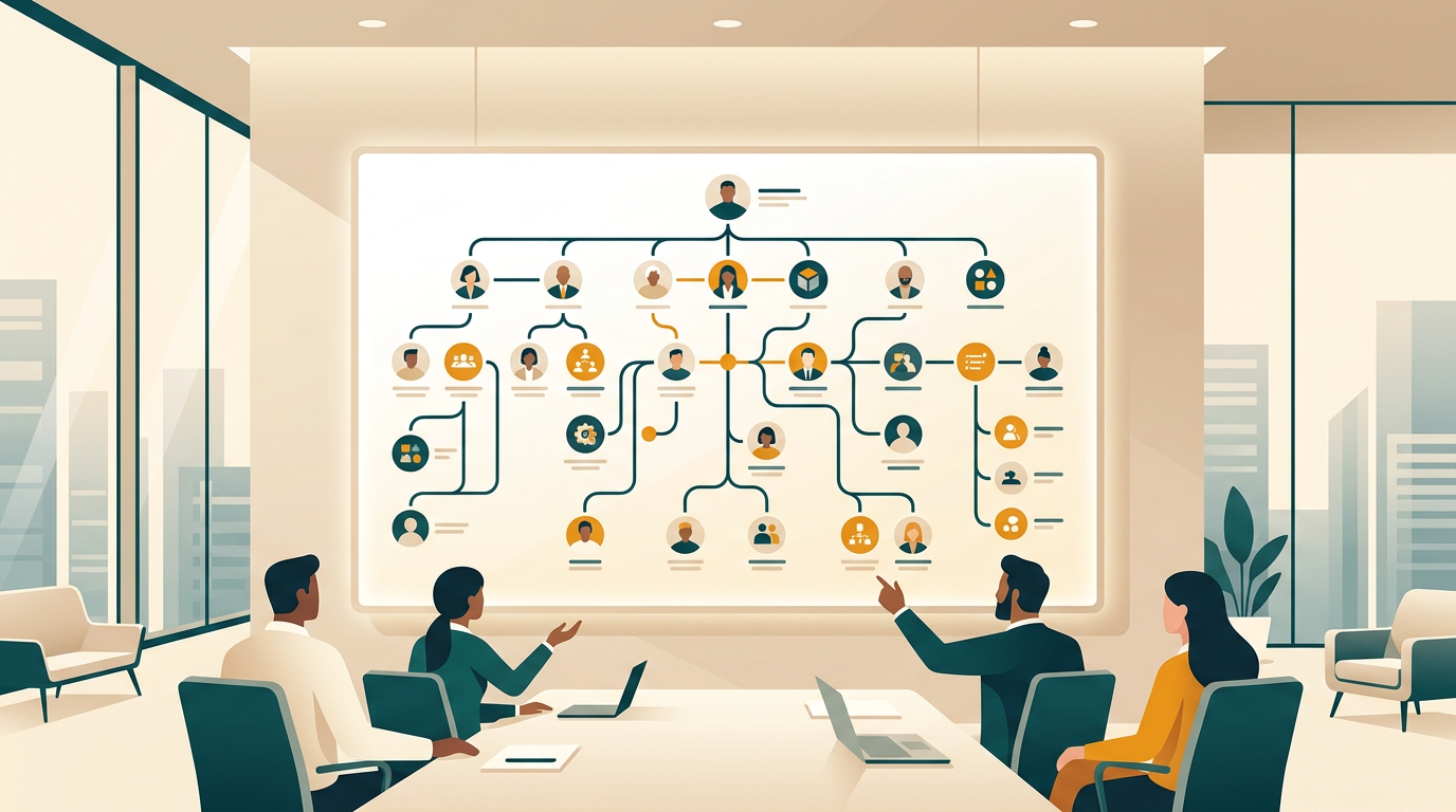 a detailed organizational chart displayed on a large screen in a modern conference room, showing interconnected employee profiles, editorial style