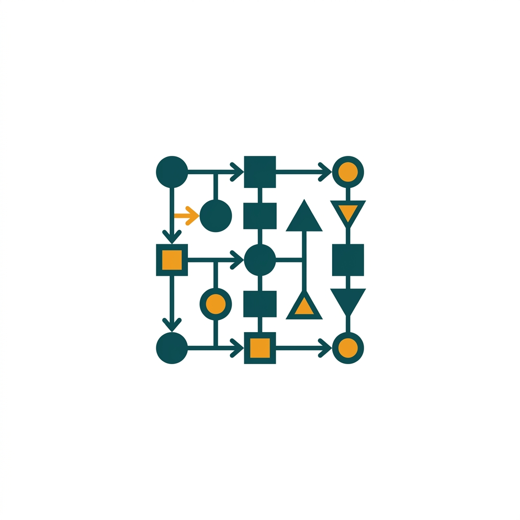 a grid of various geometric shapes like circles, squares, and arrows connected by lines