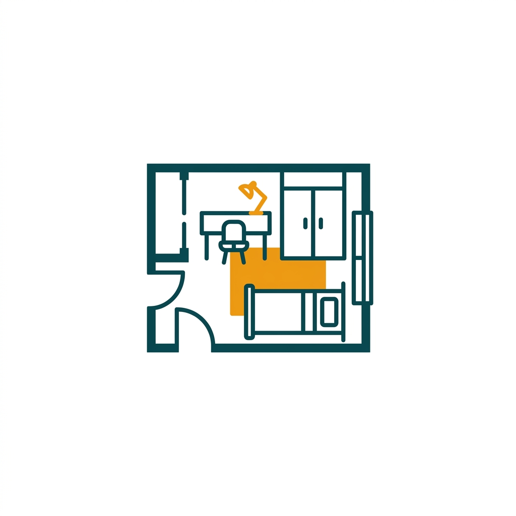 a blueprint-style drawing of a single room floor plan with furniture icons inside