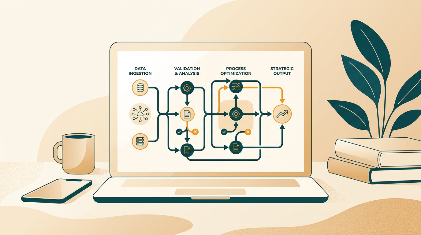 a clean, minimalist workspace showing a laptop screen with a complex business process model network diagram in Visio, soft neutral background, editorial style