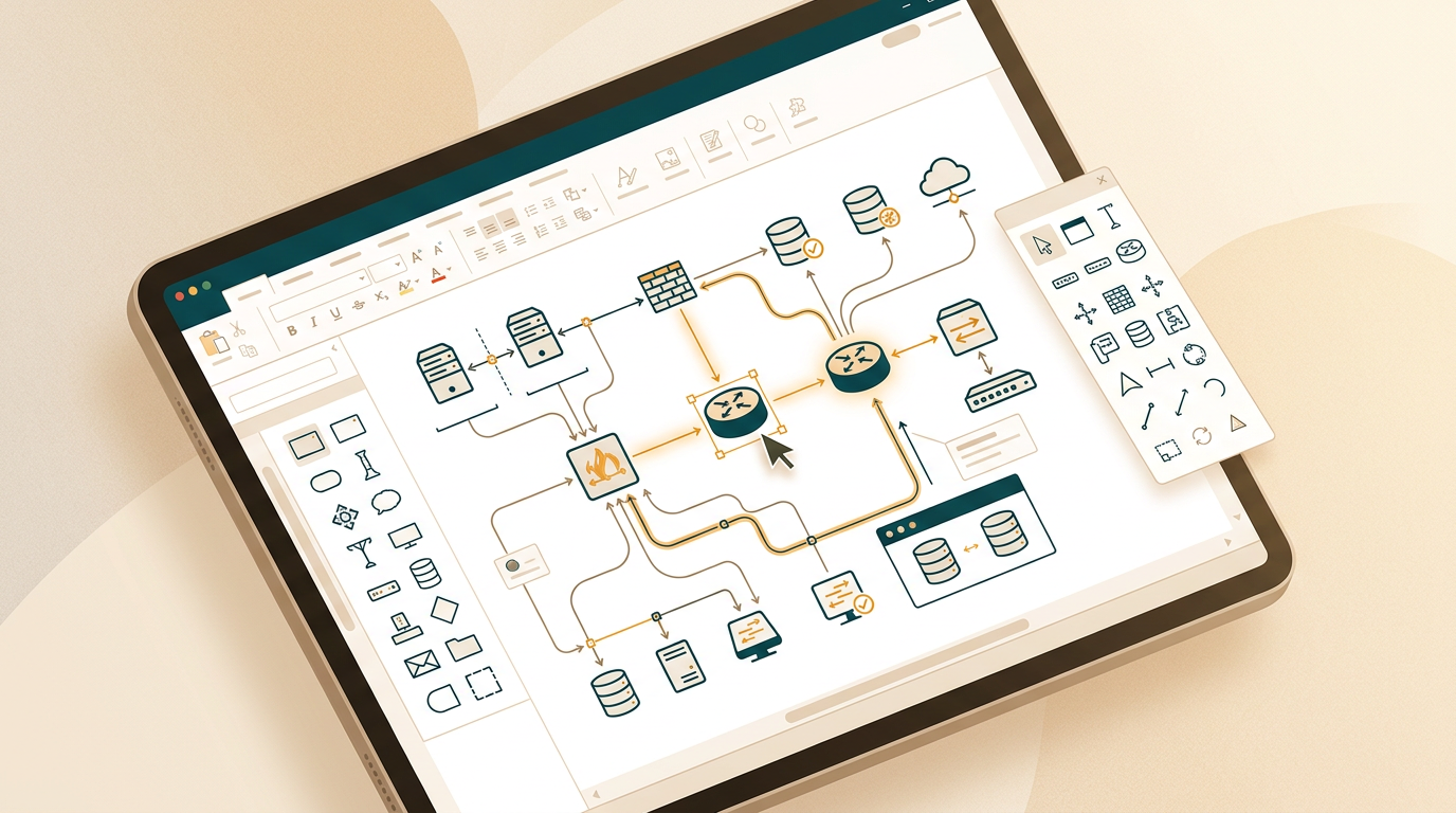 a detailed close-up of a screen showing a complex IT network diagram being edited in Visio, with various server and router icons connected by lines