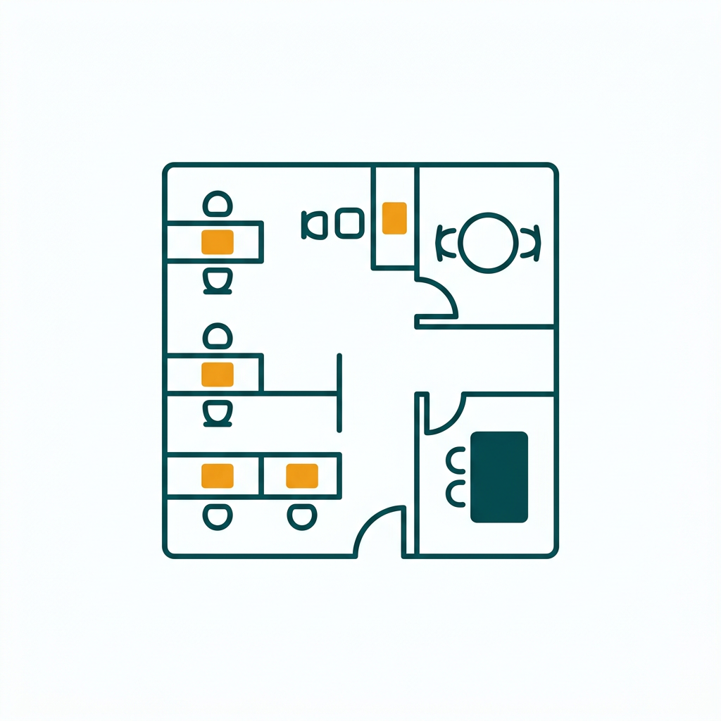 a simple floor plan of an office layout with desks, chairs, and walls