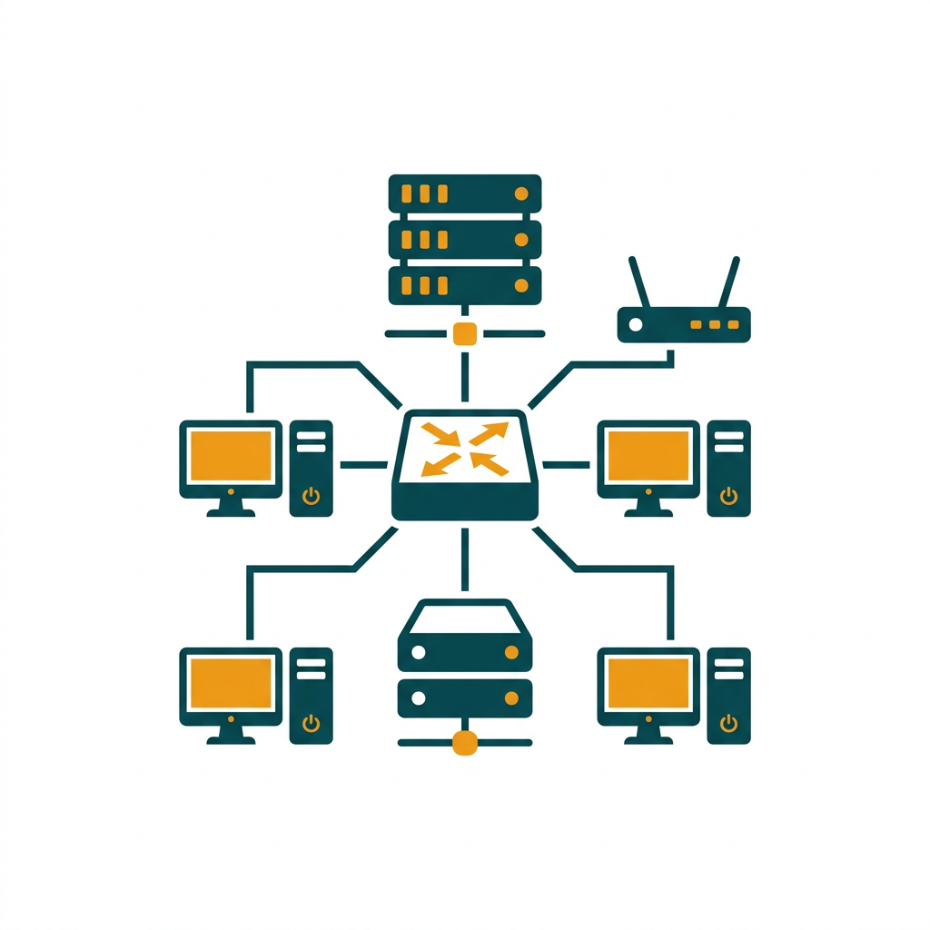 a network diagram showing servers, routers, and computers connected with lines