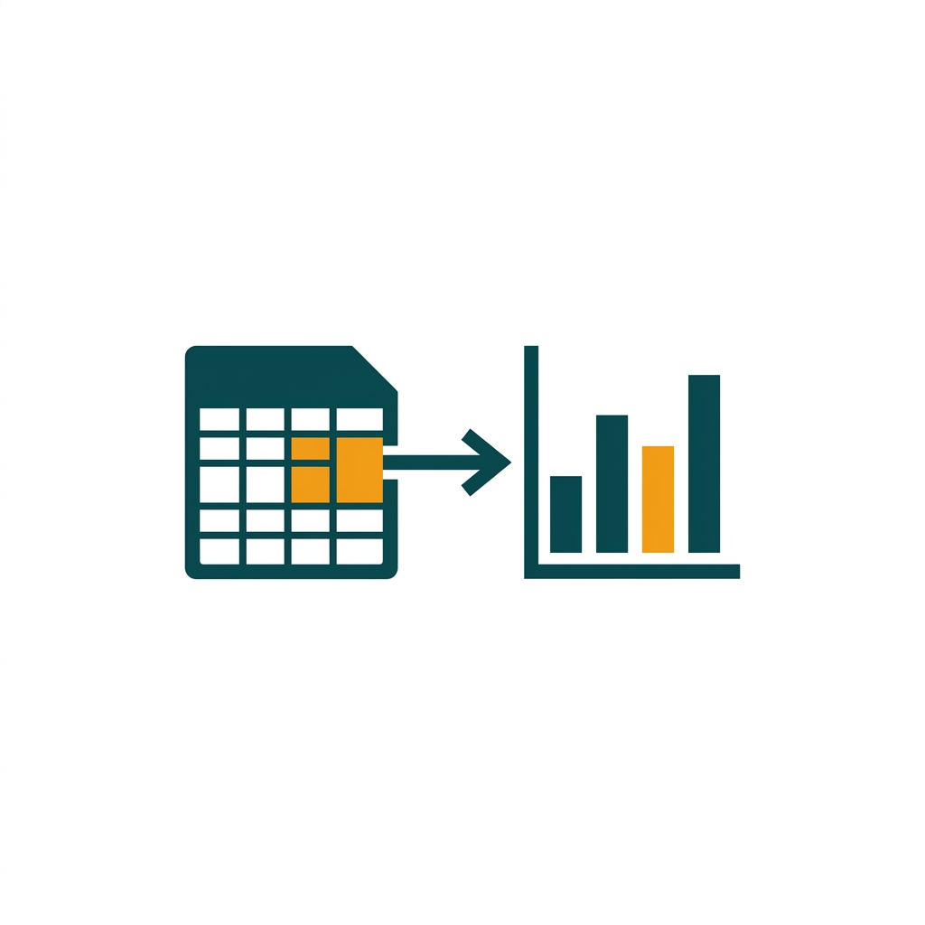 a spreadsheet icon linked with an arrow to a bar chart icon