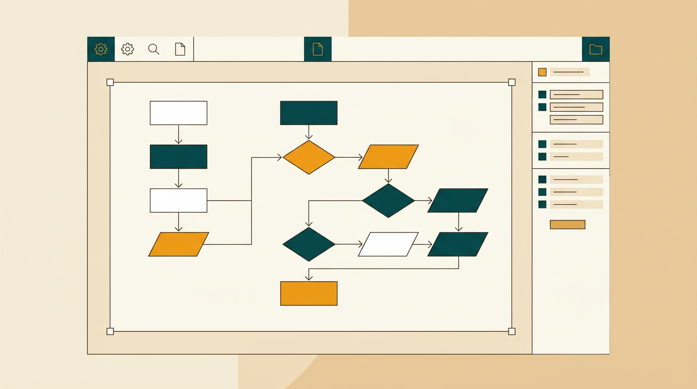 a clean, modern flowchart with various shapes and connecting lines on a large digital canvas, surrounded by minimalist interface elements