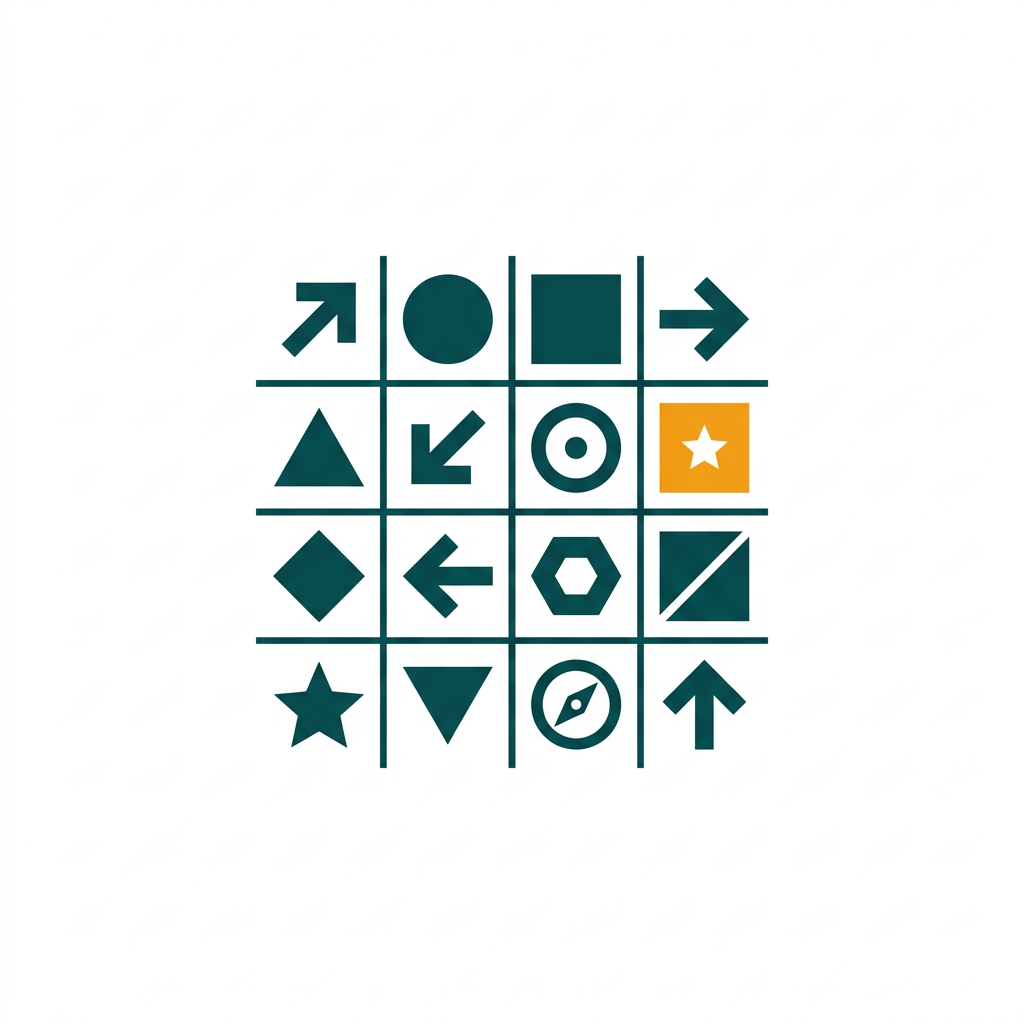 a grid of various geometric shapes like squares, circles, and arrows