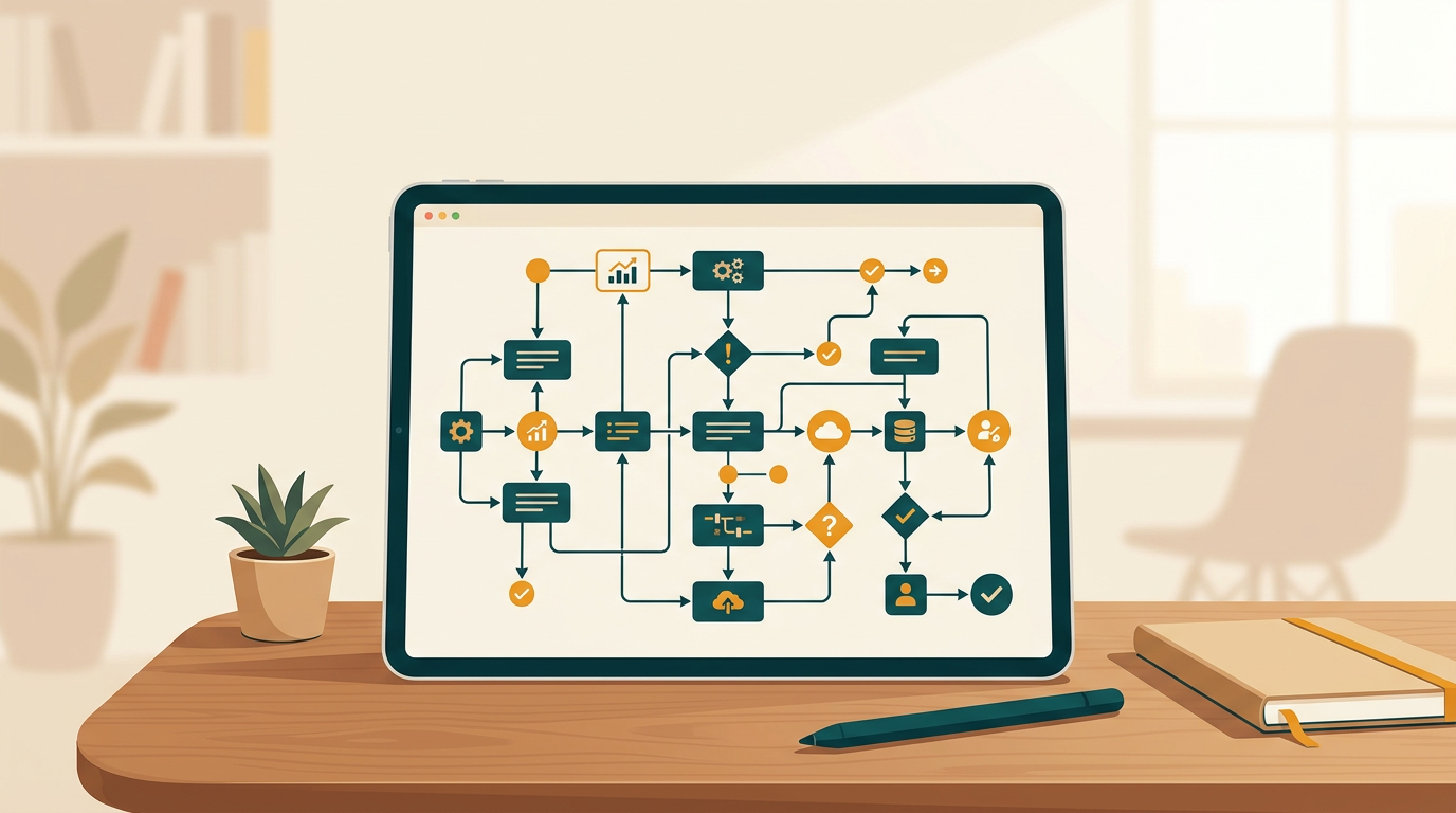 a clean digital screen displaying a complex flowchart with interconnected nodes and icons, against a soft, neutral-colored office background