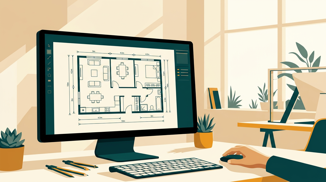 an architectural floor plan with precise measurements and furniture symbols being edited on a large monitor in a brightly lit design studio