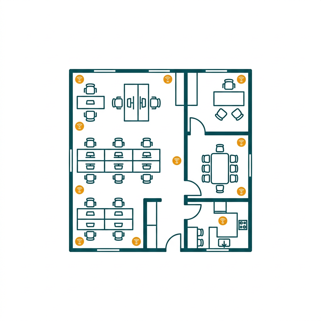 a detailed floor plan of an office with furniture layouts and network connection points