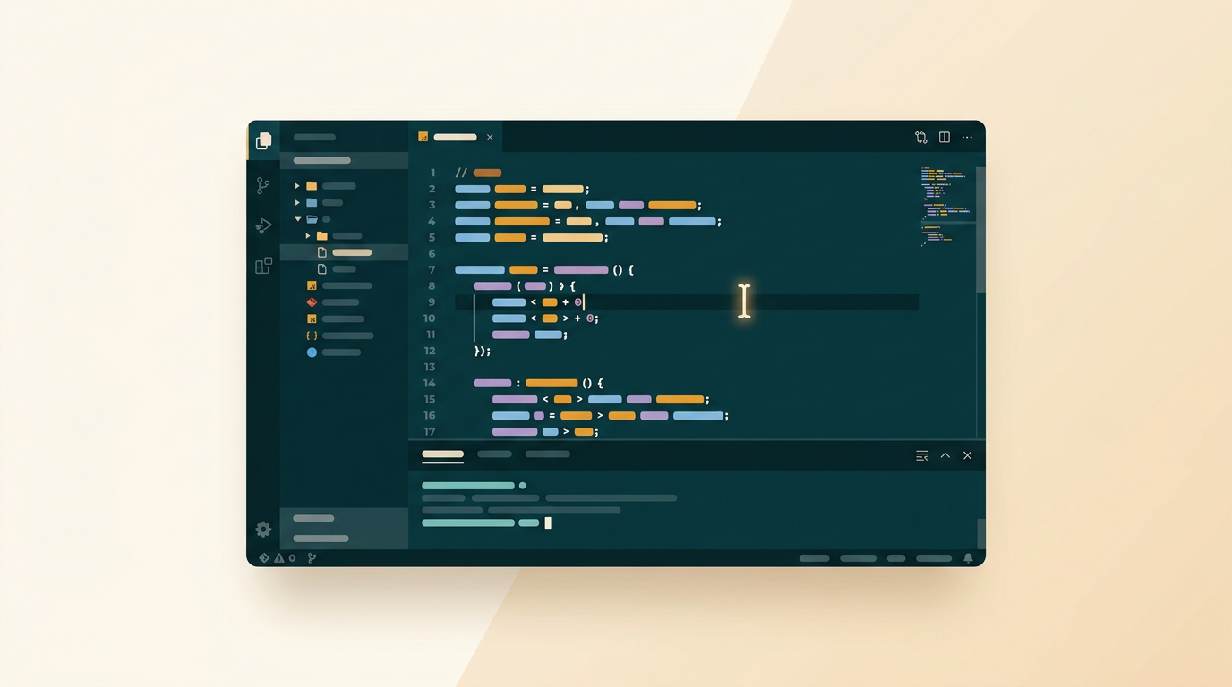 a stylized code editor interface with colorful syntax highlighting, multiple code panes, and a blinking cursor on a dark background