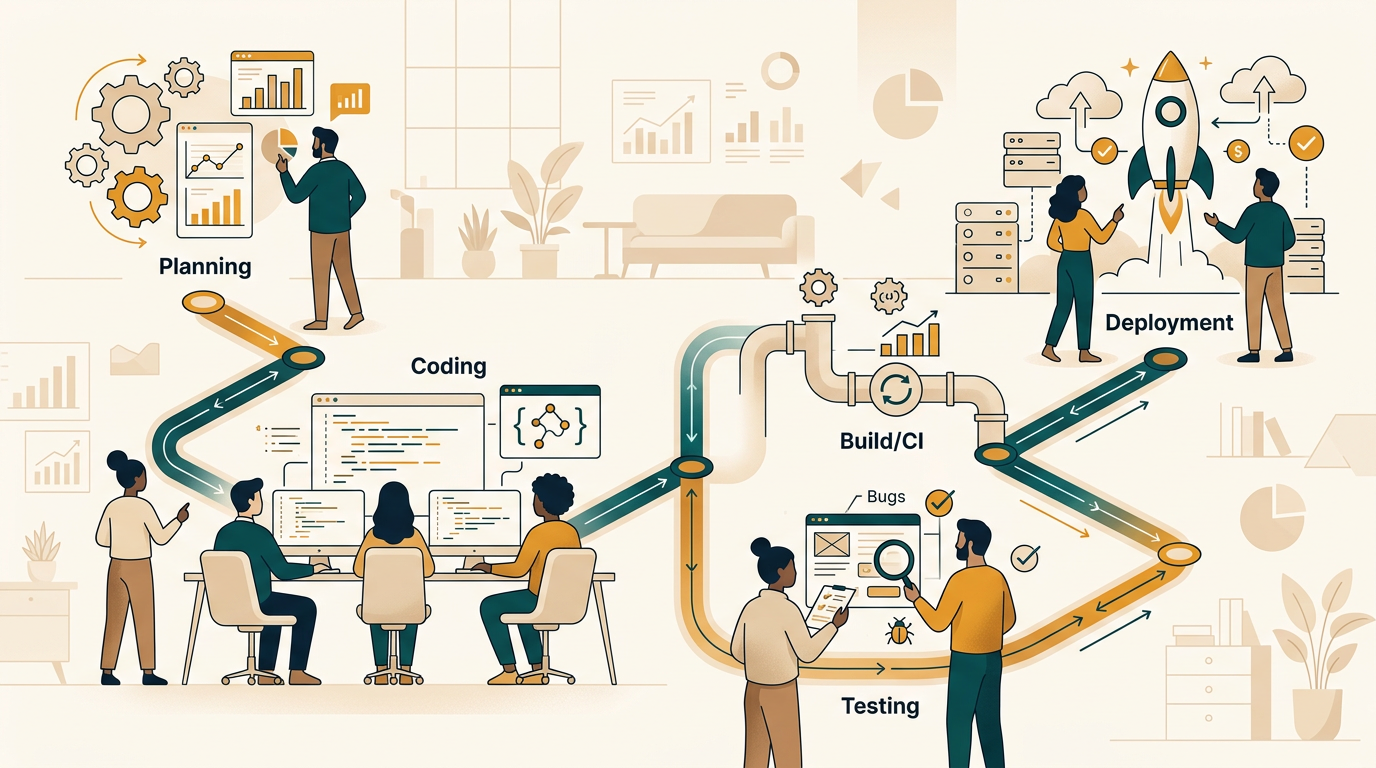 a collaborative flowchart showing a software development lifecycle from planning and coding to testing and final deployment in a clean, modern style