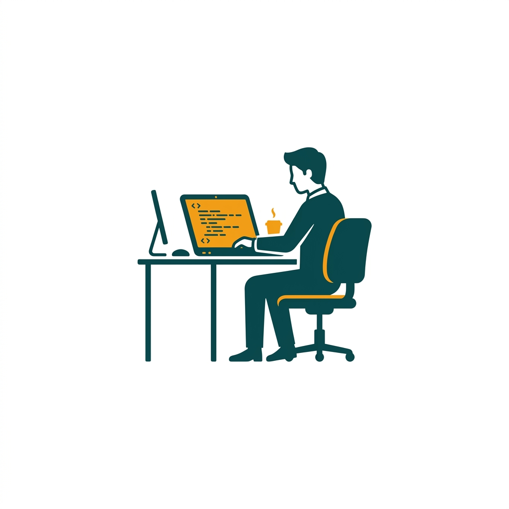a single developer at a clean desk working on a laptop with code on the screen
