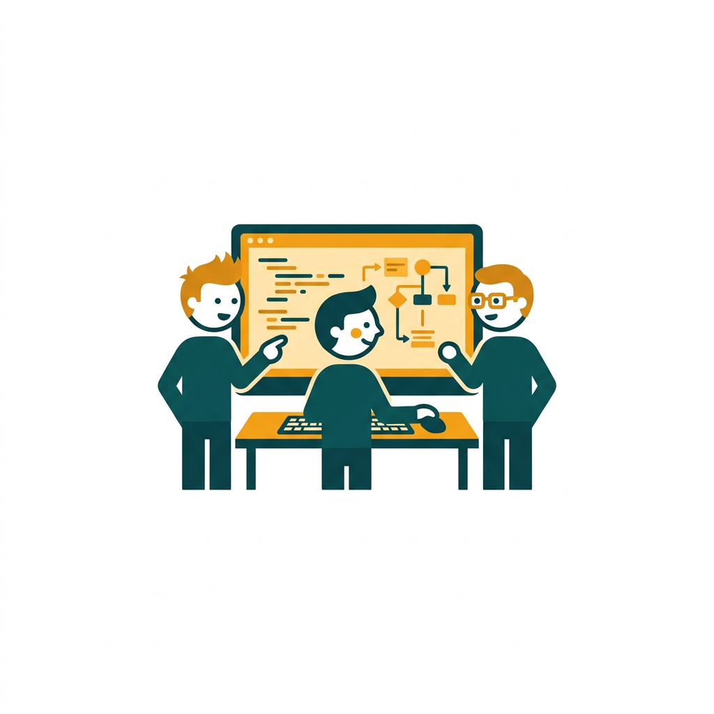 a team of developers collaborating around a large monitor showing code and project diagrams