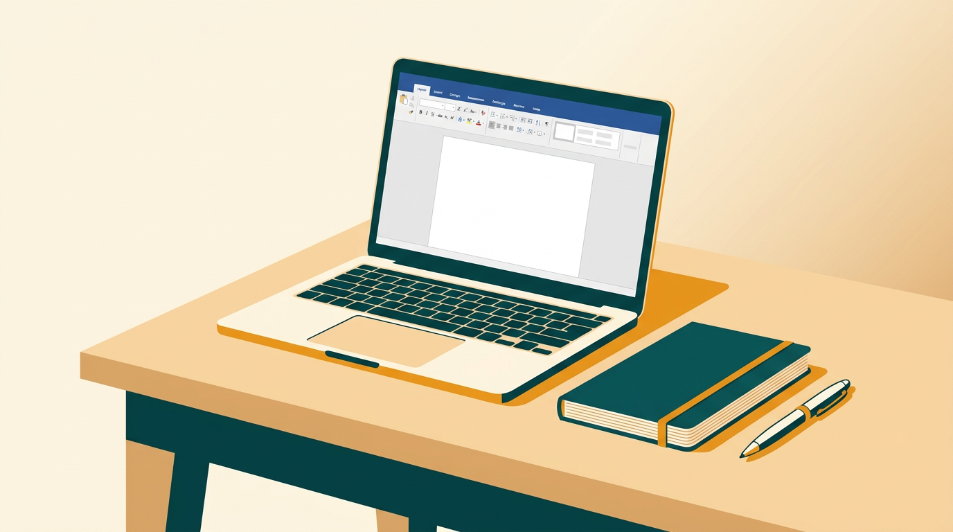 a modern, clean workspace with a laptop showing the Microsoft Word 2016 user interface, next to it a notebook and a pen on a light wooden desk