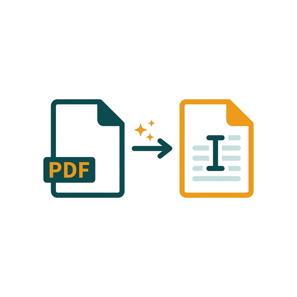 a document icon with a PDF label transforming into an editable text document icon