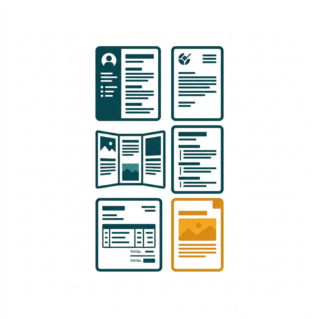 a grid of various document templates, such as a resume, a business letter, and a brochure