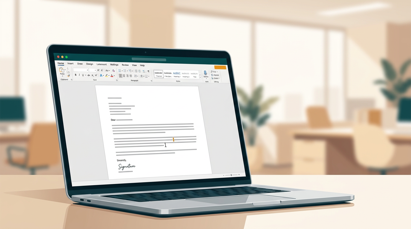 a clean, focused view of a laptop screen showing a Microsoft Word 2019 document being edited, with a professional business letter layout, blurred office background