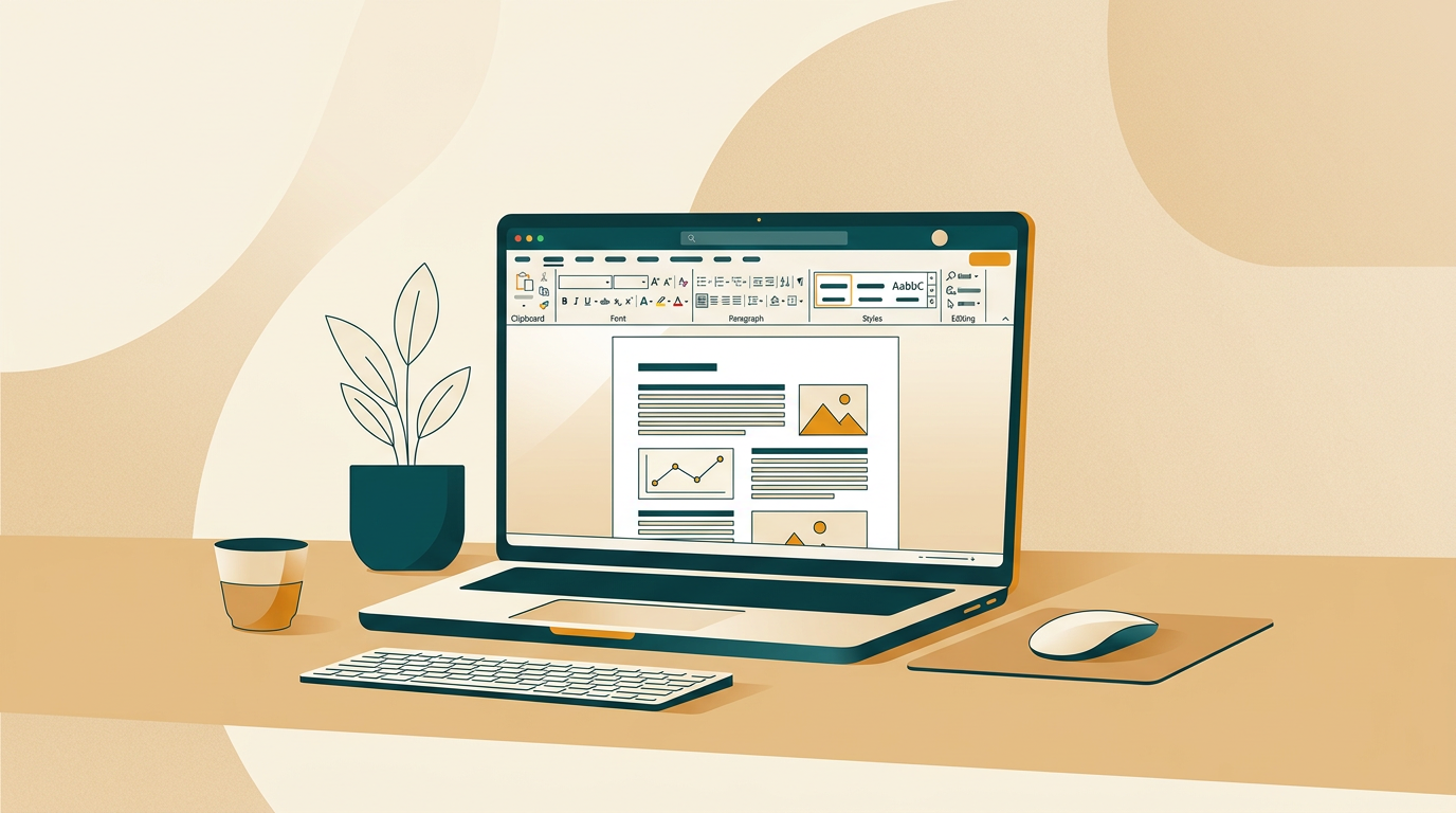 a clean, modern desk setup with a laptop displaying a Microsoft Word 2021 document being edited, focused on typography and layout tools