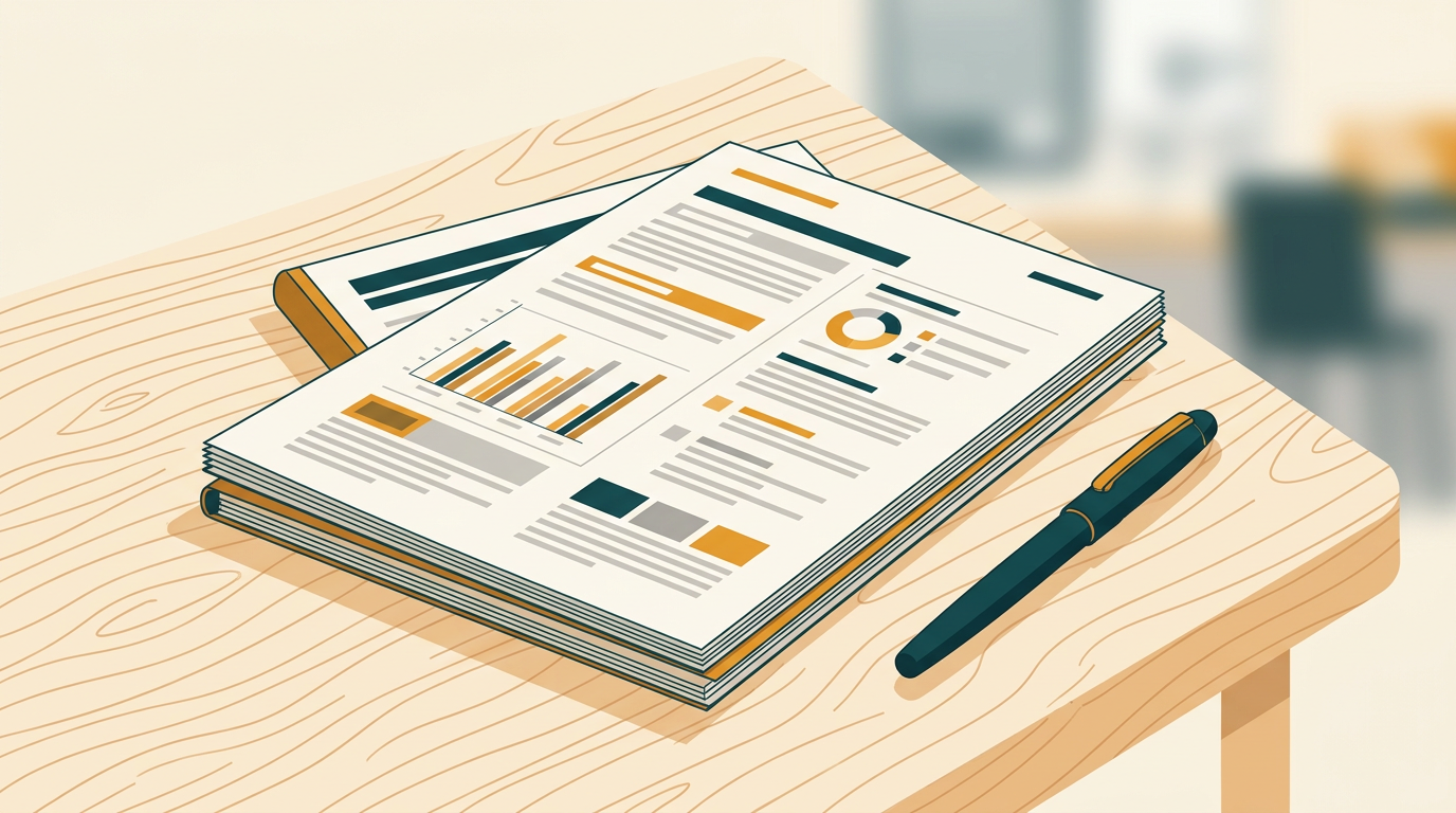 a close-up shot of a printed, professionally formatted multi-page report created in Word 2021, lying on a wooden table next to a pen