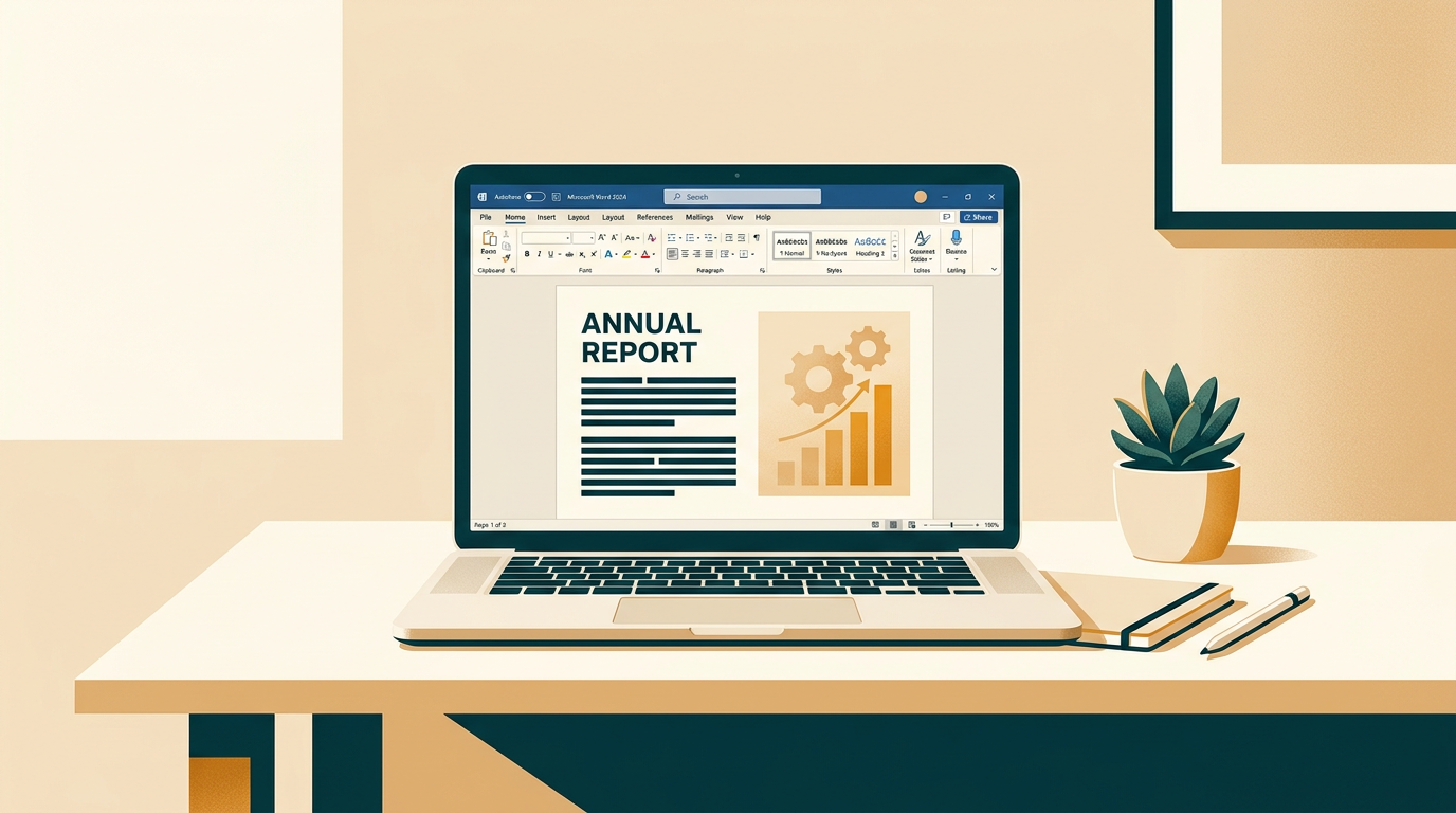 a clean, modern desk setup with a laptop displaying the user interface of Microsoft Word 2024, showing a document with text and images, soft ambient lighting