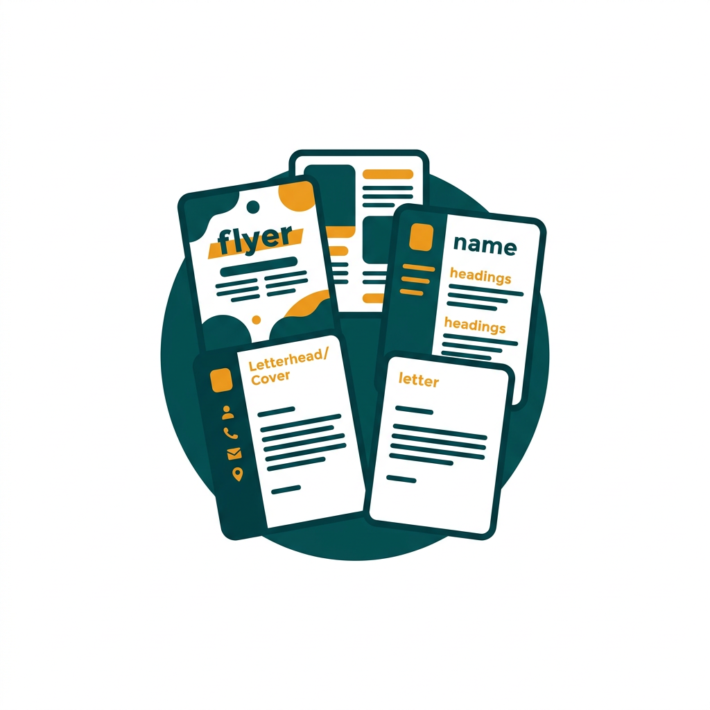 a collection of colorful document template thumbnails for flyers, resumes and letters