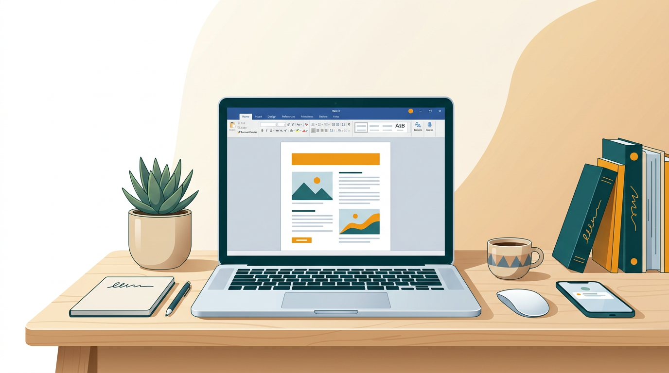 a clean, modern desktop with a laptop displaying the Microsoft Word interface, focusing on a document with text and images, soft ambient light