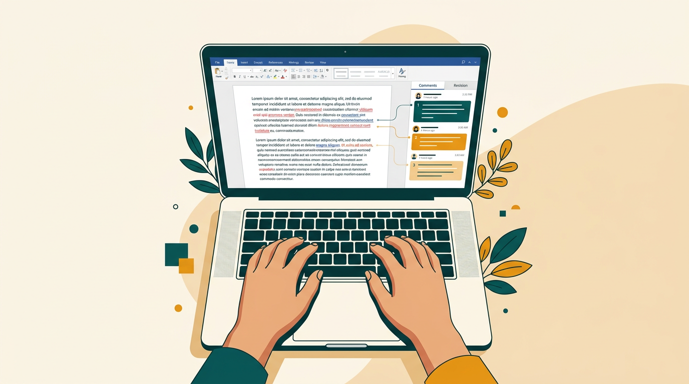 an overhead view of a person's hands typing on a laptop, the screen shows a Microsoft Word document with tracked changes and comments in the sidebar
