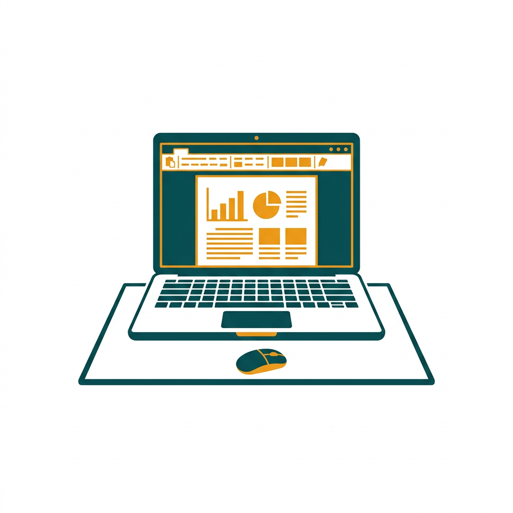 a sleek laptop with a word processor open, showing a document with charts on a minimalist desk