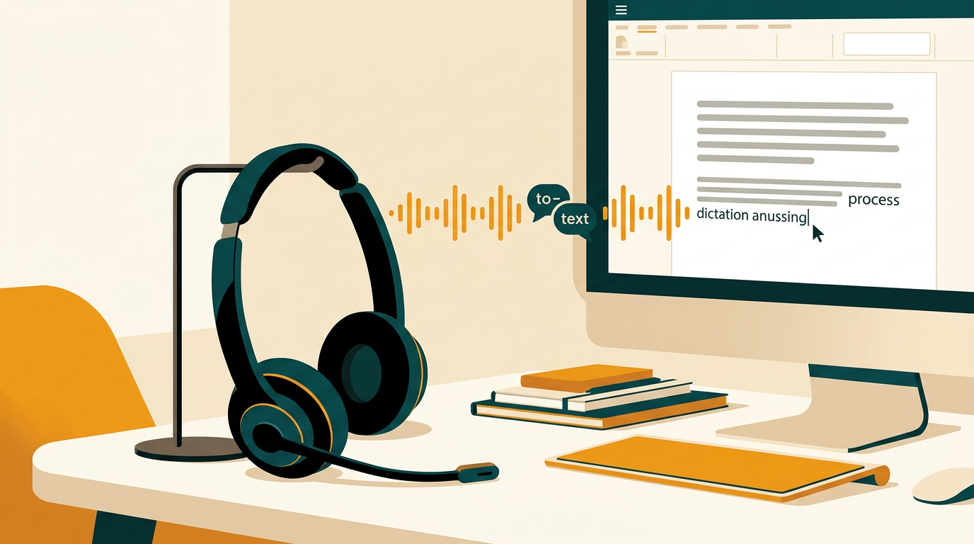 a close-up shot of a high-quality headset microphone on a desk next to a computer screen showing dictated text appearing in a word processor