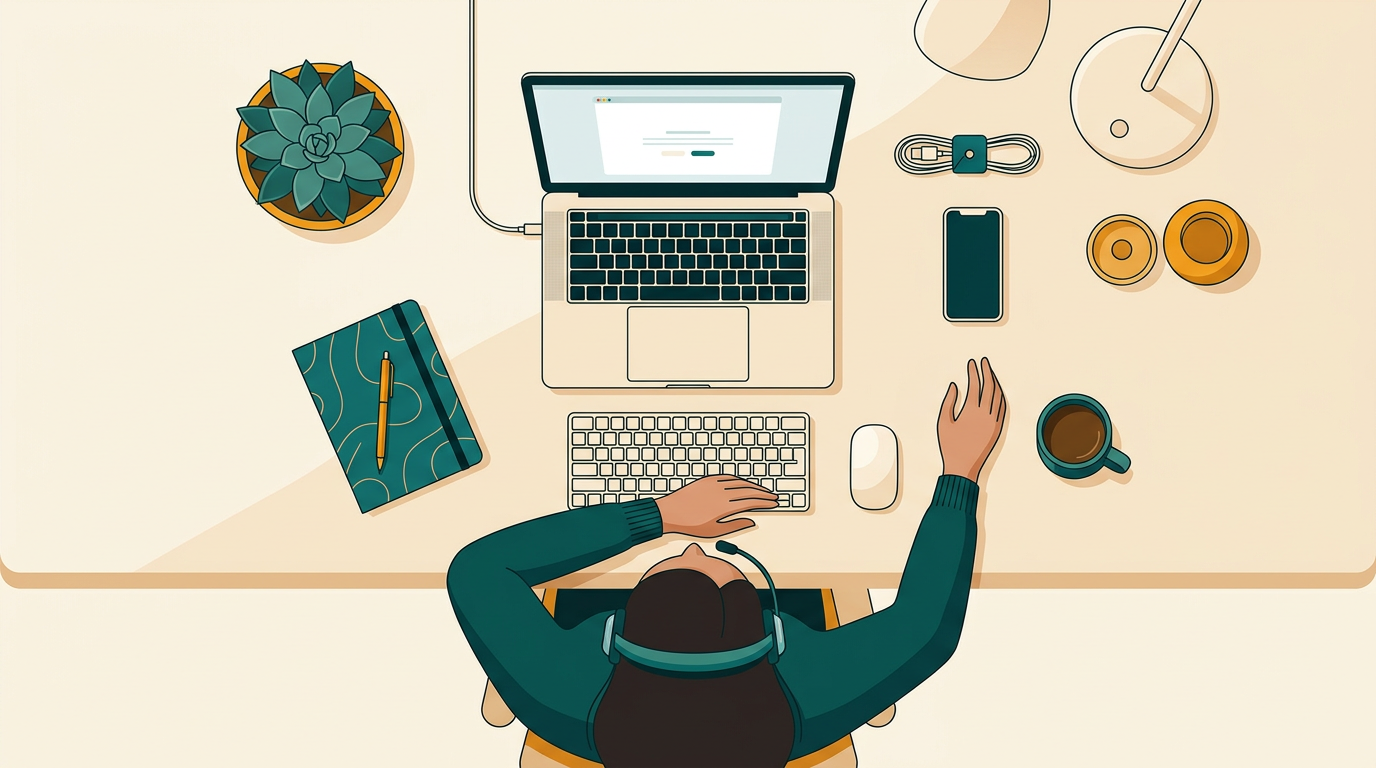 an overhead view of a clean home office setup, a person is speaking into a headset microphone, their hands are relaxed and away from the keyboard