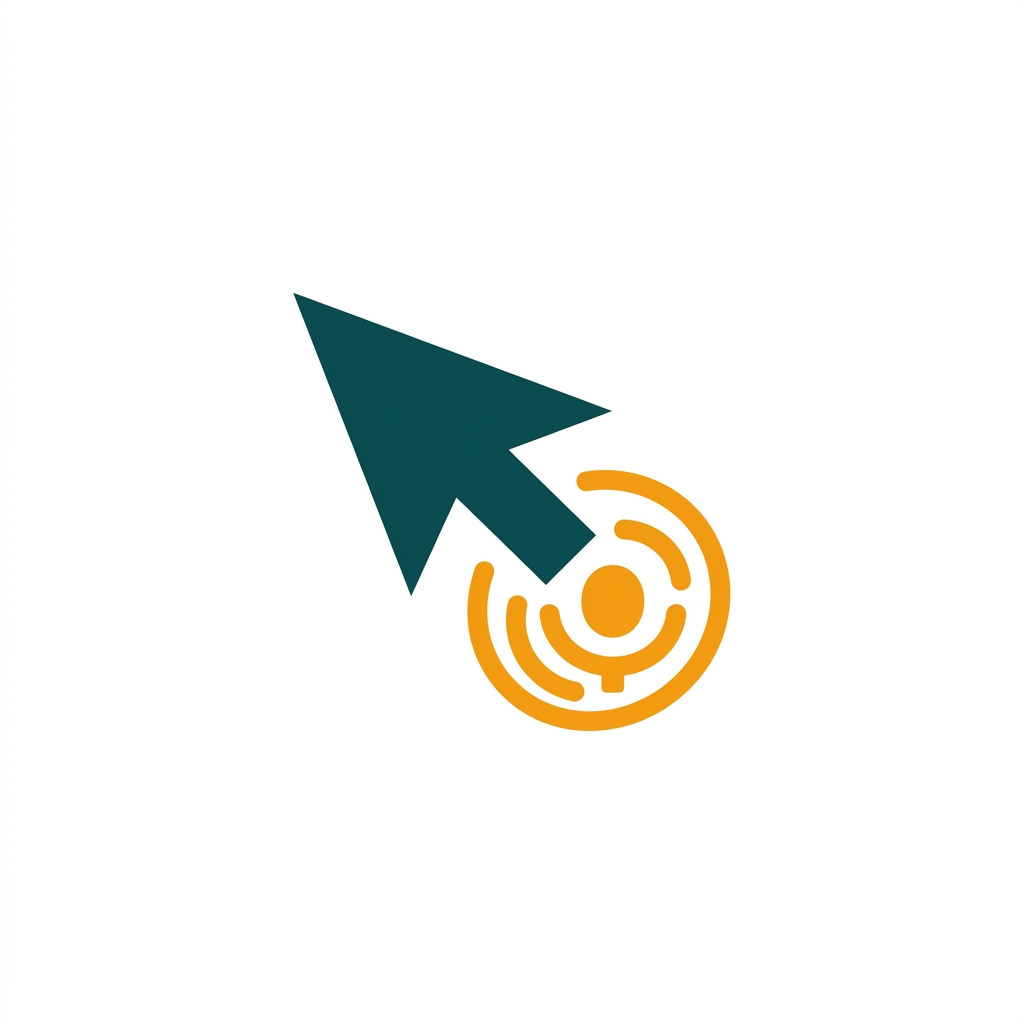 a computer mouse cursor being moved by a stylized voice command symbol