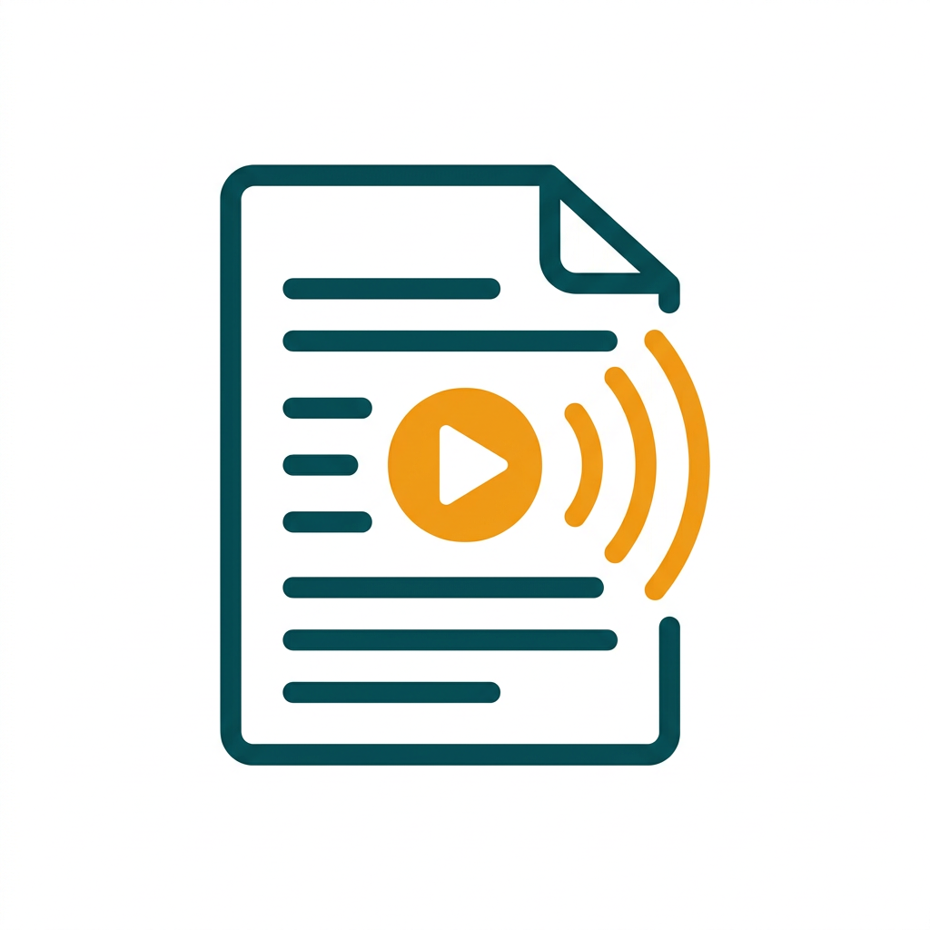 a text document with a small play button icon and sound waves overlaid