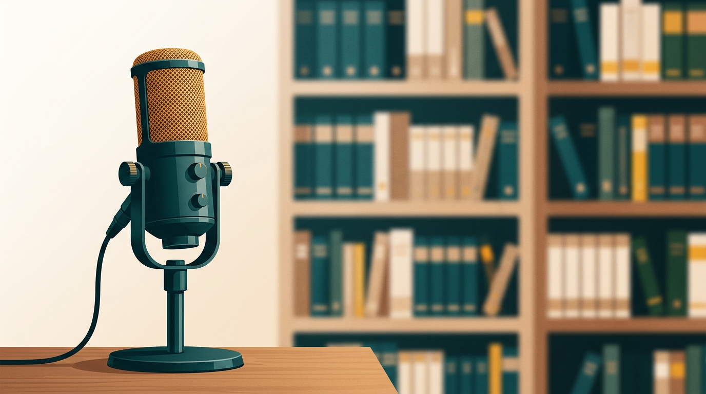 a close-up shot of a high-quality desktop microphone, with a blurred background of a modern law office library with bookshelves