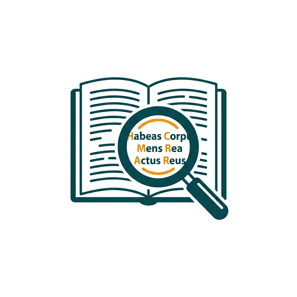 an open law book with a magnifying glass focused on specific latin legal terms