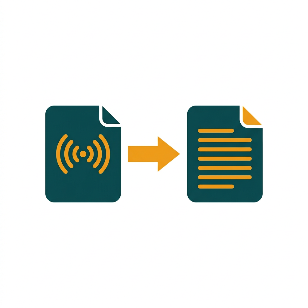 an audio file icon with a processing arrow pointing to a finished text document