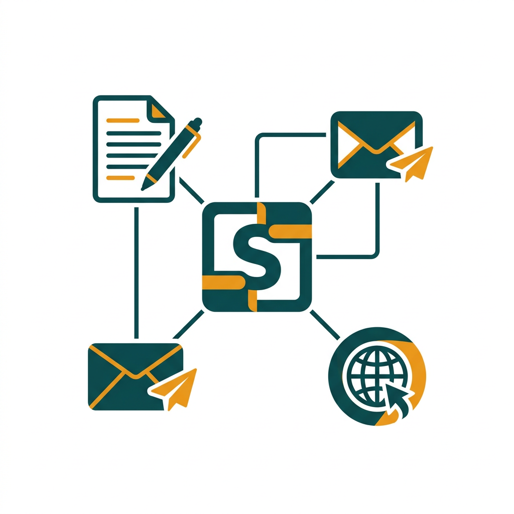 a central software icon connecting with lines to word processor, email, and browser icons