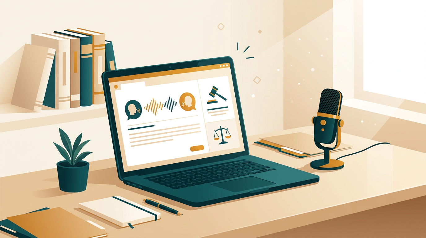 a modern law office desk with a laptop showing the Dragon Legal 16 software interface, a professional microphone, and neatly stacked law books in the background with soft lighting
