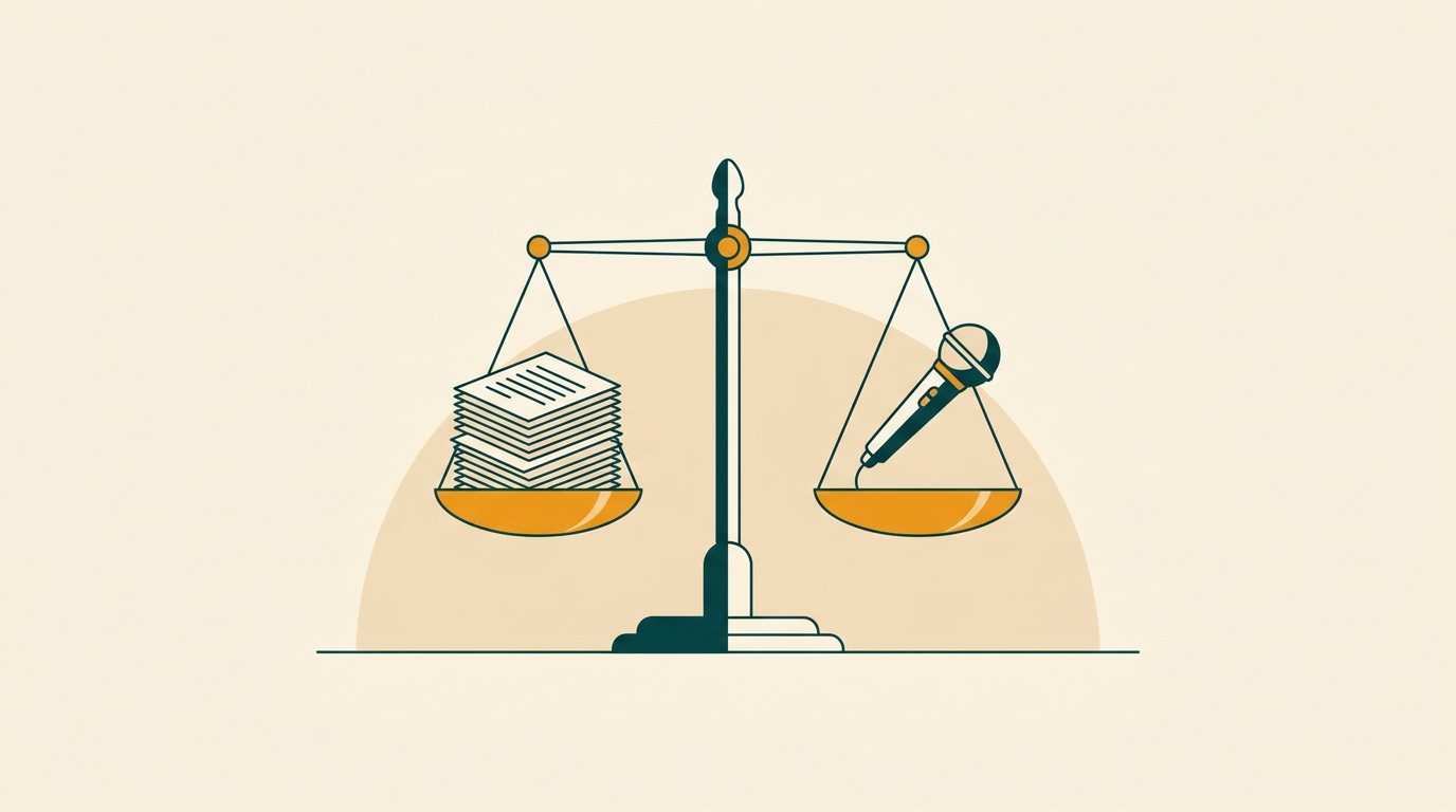 a minimalist vector illustration of a scale of justice, where one side holds a stack of papers and the other side holds a single, efficient microphone, symbolizing productivity