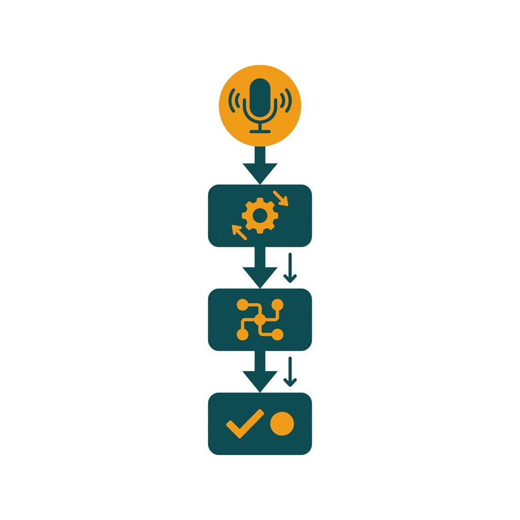 a simple flowchart showing a single voice command activating a sequence of automated actions