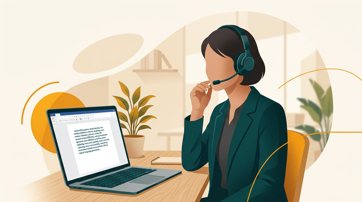 a professional wearing a headset speaks into a microphone, with a laptop screen in the foreground showing text being transcribed in real-time in a word processor, clean office environment