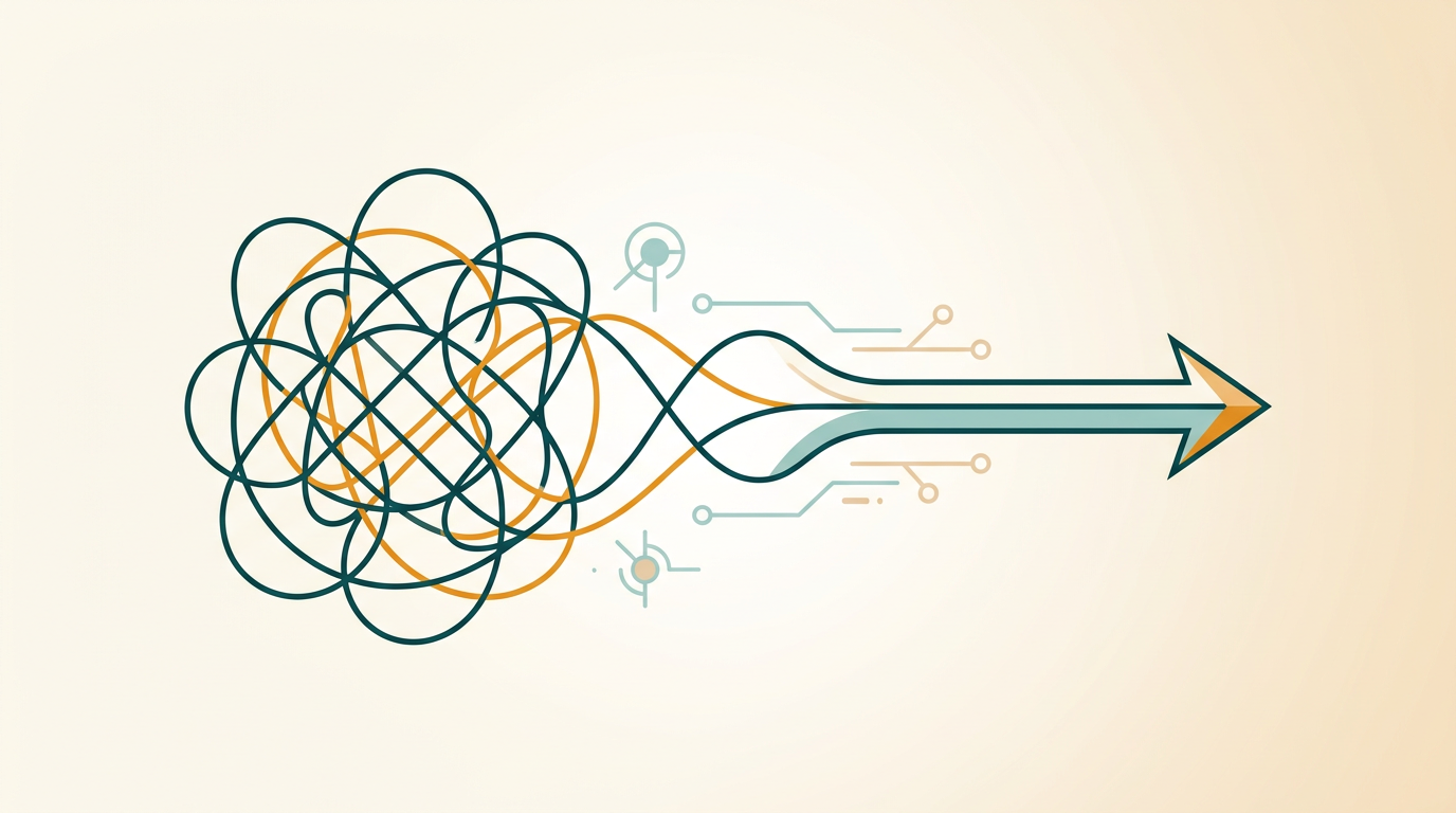 a clean diagram showing a tangled, chaotic line transforming into a smooth, straight arrow, symbolizing improved workflow, efficiency, and productivity