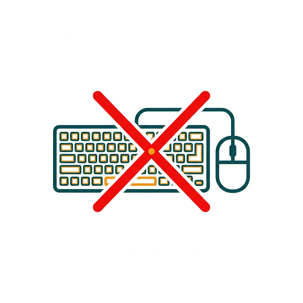 a computer mouse and keyboard with a red cross over them, symbolizing hands-free control