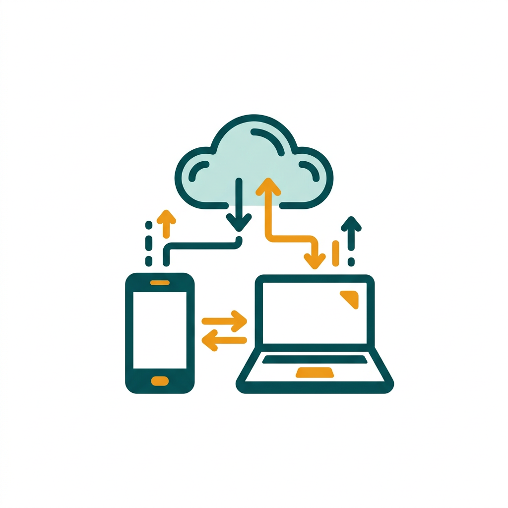 a cloud icon connected to a smartphone and a laptop, symbolizing data sync