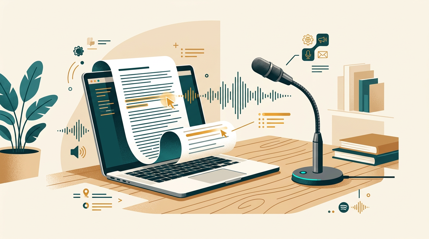 a modern, clean workspace with a high-quality gooseneck microphone next to a laptop displaying a long text document being actively written by voice recognition