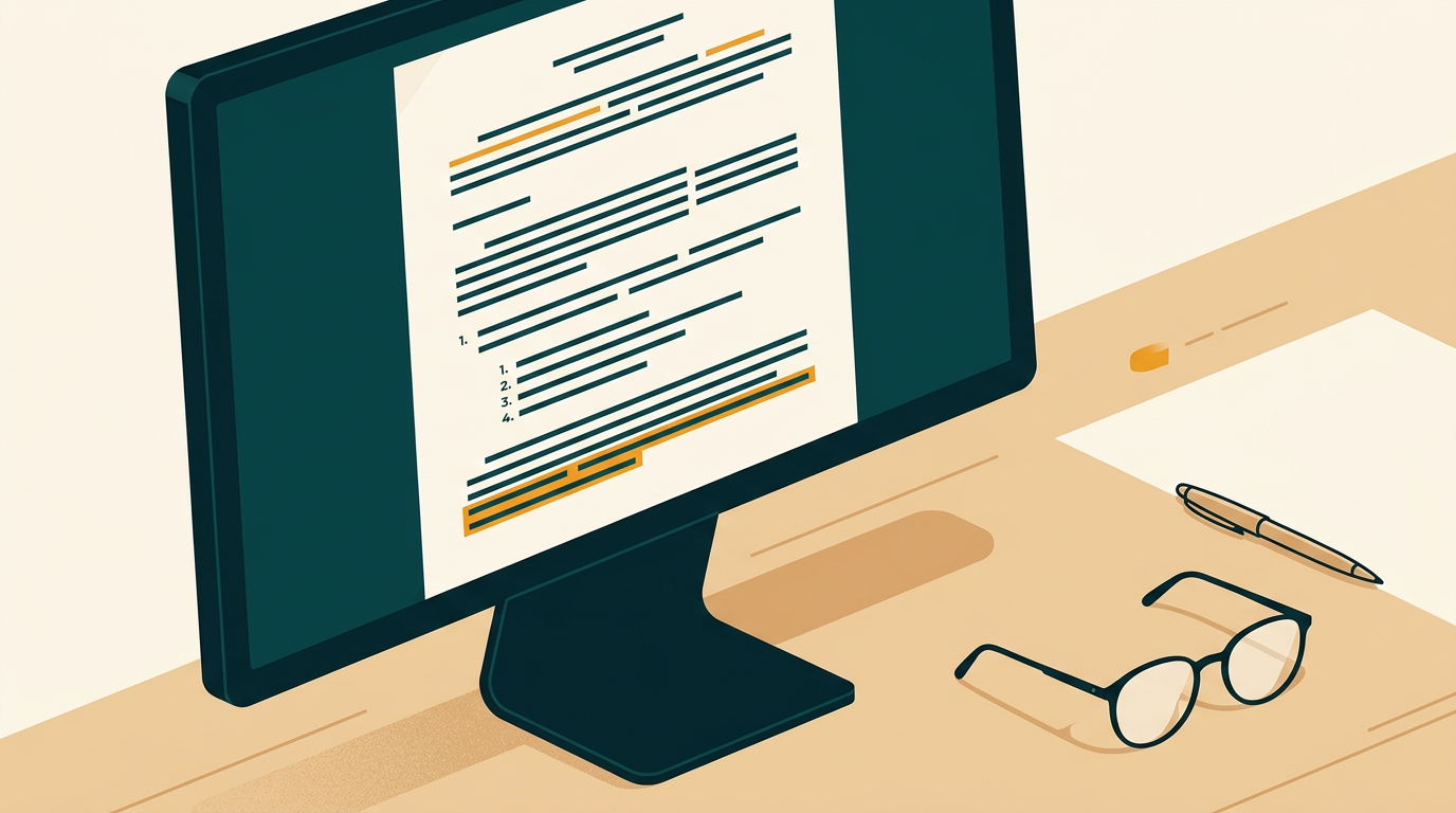 a close-up shot of a legal document on a monitor, with text appearing as if dictated in real-time, a pair of glasses rests on the desk beside it, professional and focused atmosphere