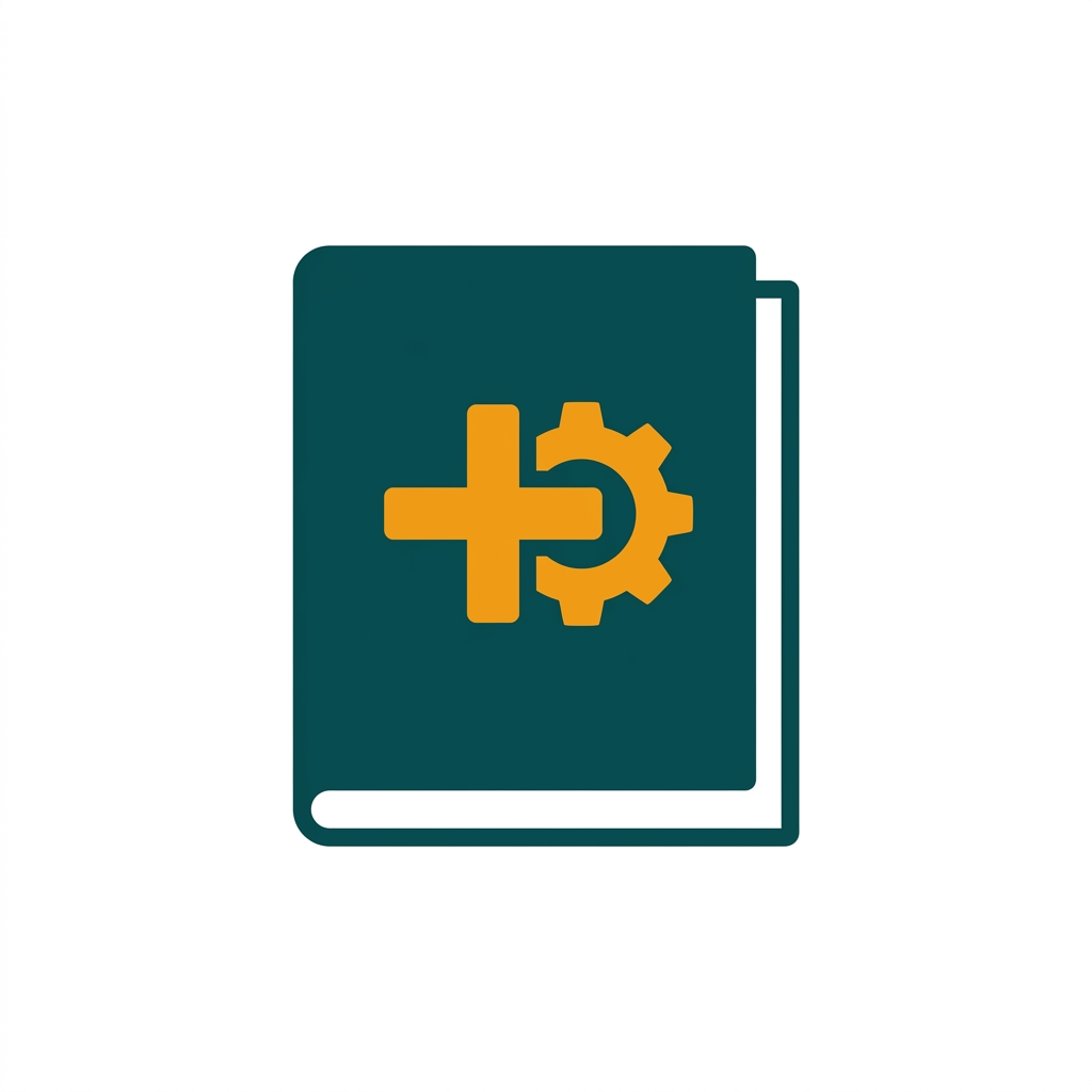 a dictionary book with a plus symbol and a gear icon on its cover
